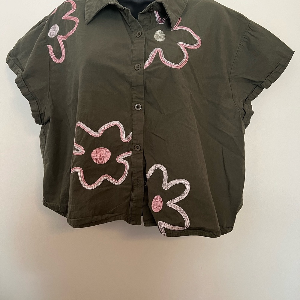 Cider Green Boxy Crop Button Down Shirt